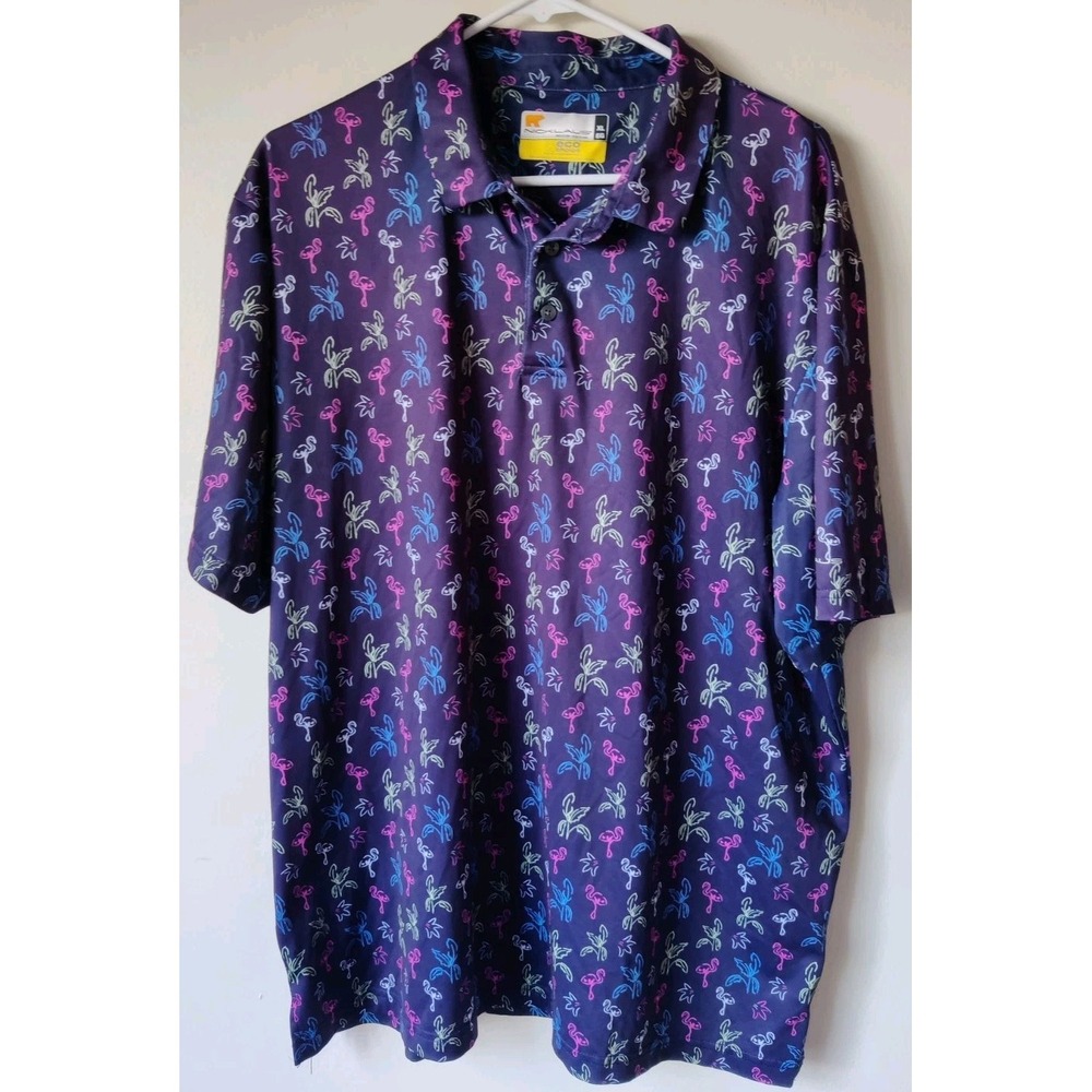 Nicklaus Men Blue Pink Flamingo Print‎ Golf Polo Shirt Short Sleeve Size XL